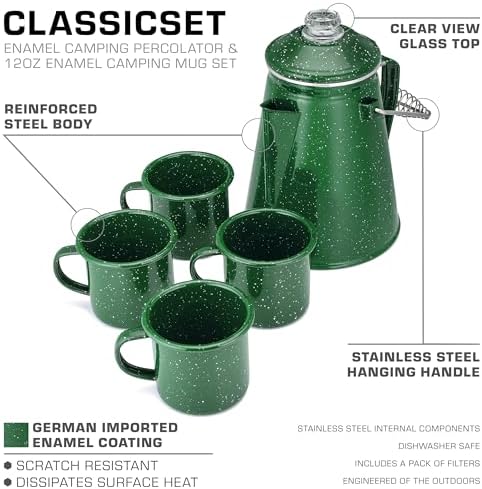 COLETTI Classic Enamel Set Coffee Percolator & Mugs — The Most Nostalgic Camping Coffee Pot, Now Modernized [Green Enamel, 12 Cup Percolator Coffee Pot & Set of 4 Mugs] - Image 5