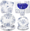 Kochorie 144 Pieces Blue and White Flower Print Party Tableware Sets Including Disposable Plates Napkins Cups Forks Serves 24 for Wedding Birthday Baby Shower Party Supplies by Kochorie