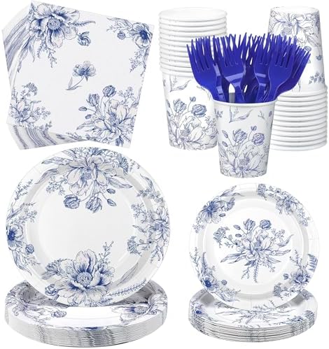 Kochorie 144 Pieces Blue and White Flower Print Party Tableware Sets Including Disposable Plates Napkins Cups Forks Serves 24 for Wedding Birthday Baby Shower Party Supplies by Kochorie