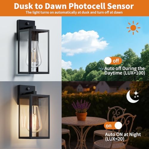 2 Pack 13‘’ Dusk to Dawn Outdoor Wall Light Fixture, Large Front Porch Lights for House, Exterior Wall Sconce, Black Waterproof Lantern Lamp,Outside Coach Light for Garage Entryway Yard - Image 2