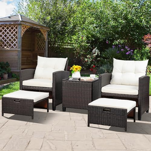 Vongrasig Patio Chair with Ottoman, 5 Pieces Patio Furniture Set Small Balcony Furniture, Rattan Patio Chairs Set of 2 with Glass Table for Front Porch Garden (Beige) - Image 7