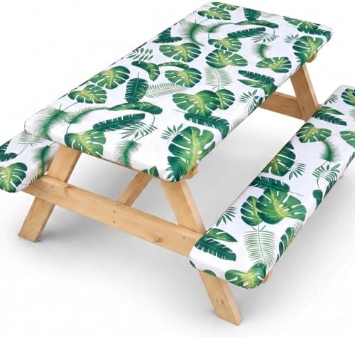 SquarePie 6FT Picnic Table Cover with Bench Covers, 3 Pack, Palm Leaf by SquarePie