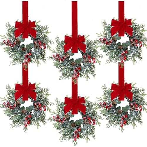 Sggvecsy 6 Pcs Christmas Mini Cabinet Wreaths Norfolk Pine Wreath with Ribbon Bows Red Berry Pinecones Artificial Small Kitchen Wreath for Window Front Door Farmhouse Wall Pillars Xmas Decorations by Sggvecsy