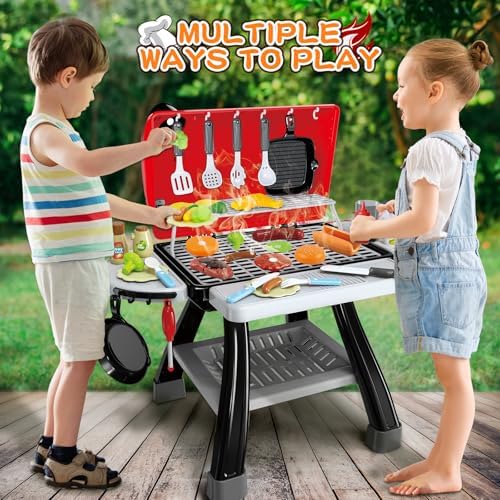 Kids Play Kitchen Toys, Kids BBQ Grill Kitchen Playset with Smoke, Sound & Light, Play Food Toys Cooking Set, 2-Layer Barbecue Outdoor Play Grill Toy Gift for Toddler Boys Girls 3-5 - Image 5
