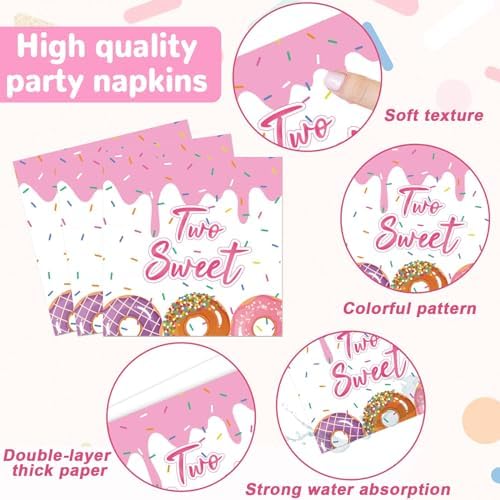 ZOIIWA 98 Pieces Two Sweet Donut Birthday Party Supplies for 24 Guests Girls Donut Tableware Set Baby Girl 2nd Birthday Paper Plates Napkins Tablecloth Decorations Table Cover Dinnerware Party Favors - Image 4
