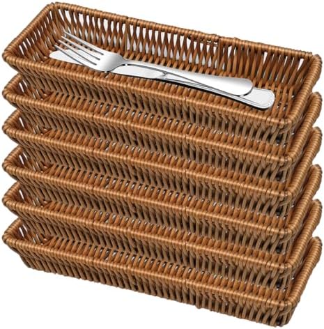 Silverware Organizer Basket, Silverware Basket for Drawer, Small Wicker Bread Cracker Baskets 6 Pack, Stackable Wicker Storage Baskets for Spoons Forks Knives Stationery (Rectangle) by Unknown