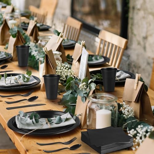 Kochorie 480 Pieces Black Plastic Dinnerware Set for 60 Guests Disposable Heavy Duty Plates Napkins Cups and Silverware Dessert Dinner Plates for Halloween Birthday Wedding Party Supplies - Image 5