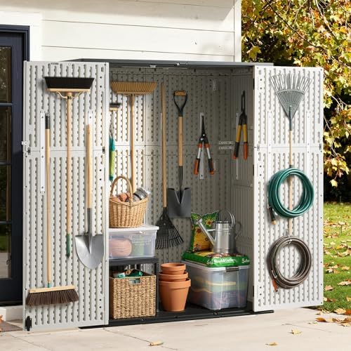 Aoxun 61 Cu.Ft Outdoor Storage Shed, Widened Outdoor Storage Cabinet Waterproof Vertical Resin Shed with Floor for Garden Tools, Pool Equipment, Easy to Assemble(White&Grey) - Image 3