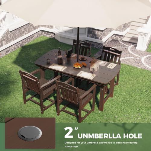HDPE Outdoor Dining Set, Patio Table and 4 Chairs, 2" Umbrella Hole, Brown - Image 5
