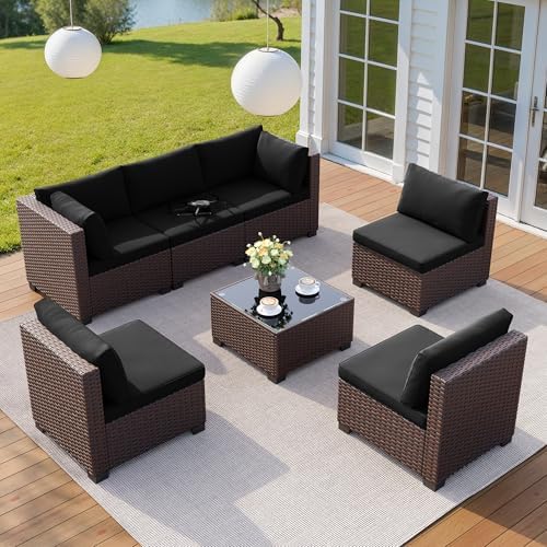 Qsun 7 Pieces Outdoor Patio Furniture Set, All-Weather PE Rattan Outdoor Patio sectional Furniture with Cushions and Glass Table, for Garden, Backyard, Porch, Black - Image 4