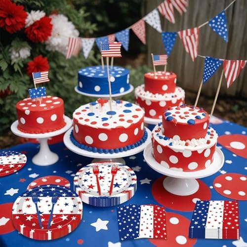100 Pcs Patriotic Red White Blue Stars Plates Napkins Tableware Decorations - Image 5