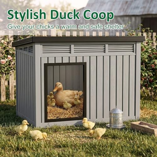 Large Chicken Coop with Hydraulic Air Rod, Resin Duck Coop with Elevated Floor and Air Vents, Backyard Poultry Pet Shelter with Weatherproof Openable Roof, for Chicken, Ducks, Rabbits, Grey - Image 3