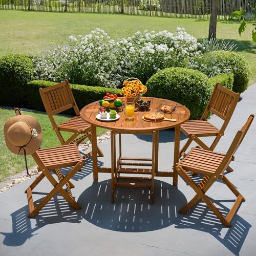 Devoko Acacia Wood Outdoor Patio Folding Table and Chairs Set for 4 - Image 6