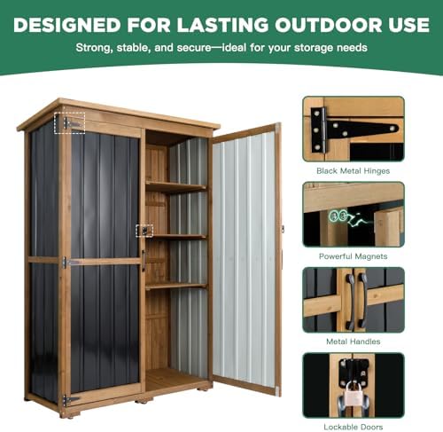 Ketive Outdoor Storage Cabinet, Wood & Metal Storage Shed with Weather-Resistant Roof, Double Lockable Doors, Removable Shelves & Adjustable Feet, for Patio, Backyard, Poolside, 46" x 18" x 68" - Image 6