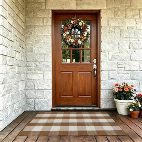 SEEKSEE Fall Decor Buffalo Plaid Outdoor Rug 27.5x43 Coffee and White Front Door Mat, Layering Rug for Porch, Fall Doormat, Front Porch Rug for Outdoor Entrance Entryway Patio Porch Decor - Image 5
