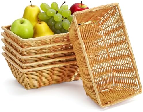 Coloch 6 Pack Plastic Woven Bread Basket, 12 Inch Imitation Rattan Fruit Basket Stackable Rectangle Serving Baskets for Fruit, Bread, Vegetable, Towel, Home, Outdoor Use by Coloch