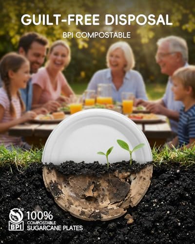 Goodluck 9 Inch White Compostable Sugarcane Paper Plates 250 Pack - Image 3