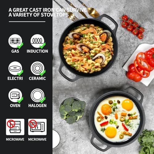 EDGING CASTING 2-in-1 Pre-Seasoned Cast Iron Dutch Oven Pot with Skillet Lid Cooking Pan, Cast Iron Skillet Cookware Pan Set with Dual Handles Indoor Outdoor for Bread, Frying, Baking, Camping, 7QT - Image 4