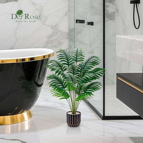 Der Rose 28" Fake Palm Tree in Black Gold Pot for Living Room Decor - Image 2