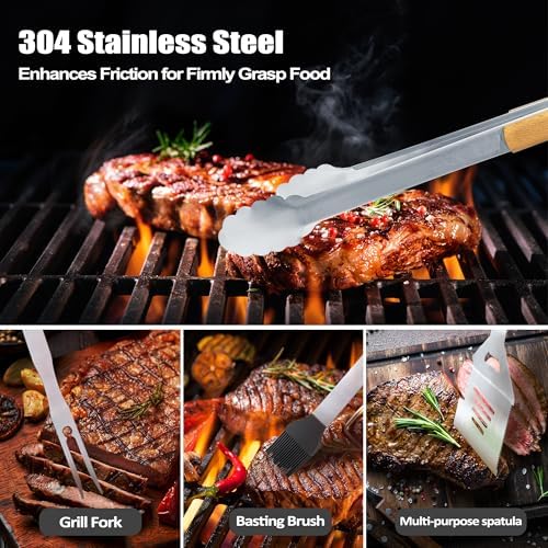 Pop Pop Gifts from Grandkids, Christmas Pop Pop Gifts Heavy Duty Wooden BBQ Grilling Accessories Kit for Backyard, Thick Stainless Steel Grill Utensils with Non-Slip Handle Tools in Portable Bag - Image 5