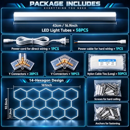 14-Hexagon LED Garage Lights with Outer Rectangle, 600W 60800LM Honeycomb Ceiling Light, 6500K Ultra Bright Workshop & Auto Detailing Light System (57 Tubes Included) - Image 3