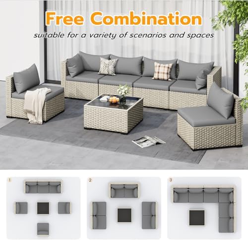 UDPATIO Outdoor Patio Furniture Set 7 Pcs Wicker Sectional Sofa Grey - Image 5