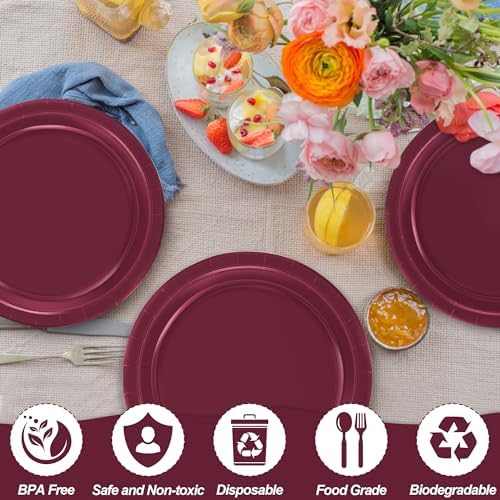50 Count Burgundy Plates 9 Inches Round Heavy-duty Maroon Dinner Plates - Image 3