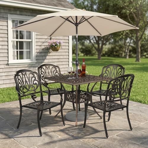 VINGLI 5-Piece Cast Aluminum Outdoor Patio Dining Set with 9ft Umbrella, Space-Saving Stackable Chairs & Table for Yard, Garden, Porch, Poolside, Square Table - Image 2
