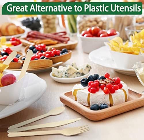 300 Pack Disposable Wooden Cutlery Assortment - 100 Knives, 100 Forks, 100 Spoons | Eco-Friendly Biodegradable Birch Wood Utensils for Parties & Picnics - Image 6