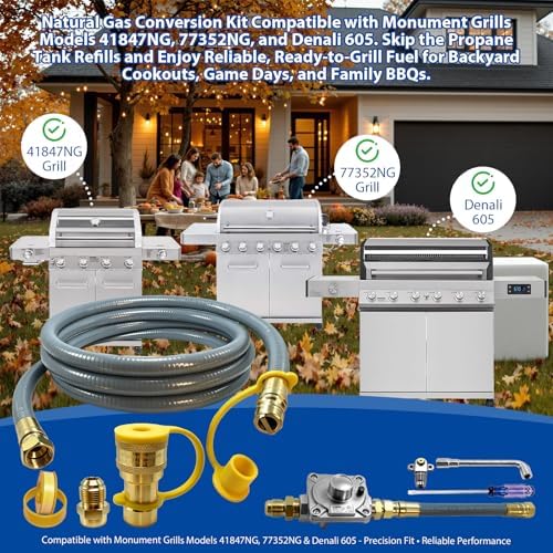 97352 98523 Natural Gas Conversion Kit for Monument Grills 41847NG, 77352NG & Denali 605, Propane to Natural Gas Conversion Kit w/CSA 10Ft 1/2" ID Natural Gas Hose, Regulator, Quick Connect Fittings. - Image 2