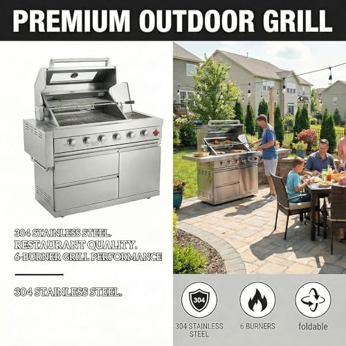 46'' Gas Outdoor Kitchen Barbecue Island, 6-Burner 75300 BTU Grill, Silver - Image 5