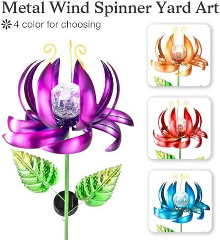 Garden Decor Solar Wind Spinners- Metal Lotus Flower Yard Lights LED Crackle Glass Globe Yard Art Sculpture Solar Stake Lights for Patio Pathway Lawn Walkway(Purple-Large) - Image 2
