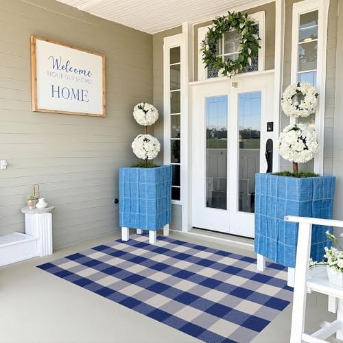 SEEKSEE Buffalo Plaid Outdoor Rug 3' x 5' Blue and White Front Door Mat, Layering Rug for Porch, Summer Doormat, Front Porch Rug for Outdoor Entrance Entryway Patio Porch Decor - Image 5