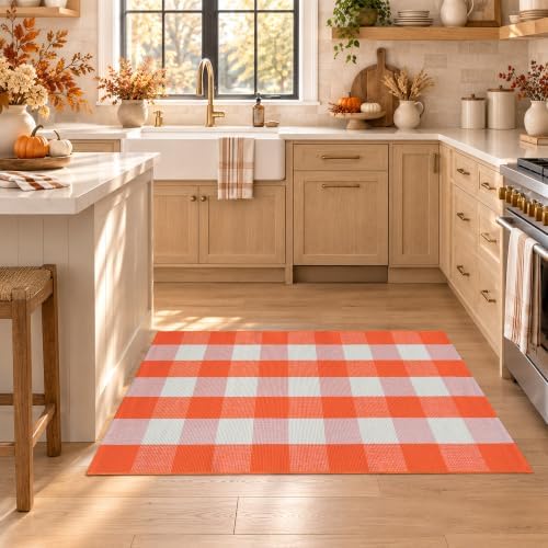 Orange and White Plaid Rug, 24'' x 51'' Fall Front Door Decor Mat, Cotton Washable Hand-Woven Door mat for Layered Doormat, Autumn Halloween Thanksgiving Carpet for Porch, Entryway - Image 6