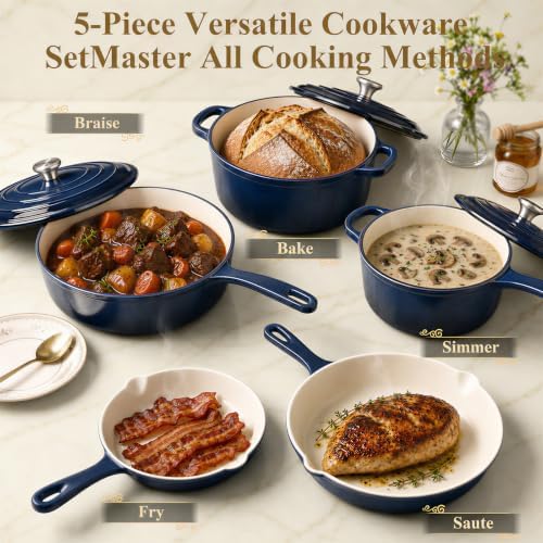 QuliMetal 5-Piece Navy Blue Enameled Cast Iron Cookware Set - Image 3