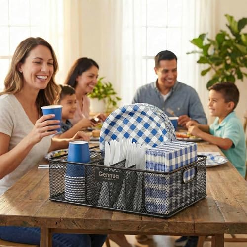 Gennua Kitchen Paper Plate Organizer for Cabinet, Counter, Picnics, Parties & More, Extra Large Utensil Caddy Crafted of Thick Iron Mesh With 6 Compartments for Paper Plates & Plastic Silverware - Image 4