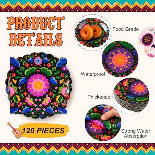 Roshtia 120 Pcs Day of the Dead Plates and Napkins Set, Mandala - Image 3