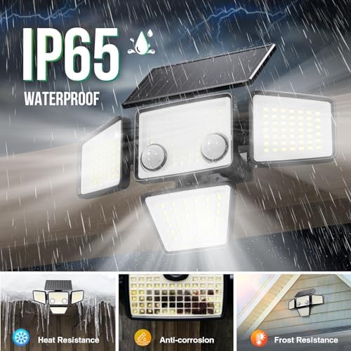LYWALT Solar Outdoor Lights - 3000LM 188 LED Motion Sensor Outdoor Lights, 4 Heads Security Light,IP65 Waterproof, Easy Install,270°Wide Angle Flood Wall Light with 3 Modes for Backyard Yard - Image 6