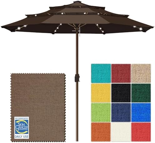 EliteShade USA 10-Year-Non-Fading 10ft 3-Tier Market Patio Umbrella, Commercial Table Umbrella with 80 Solar LED Lights, Crank Open, Windproof & UPF 50+ UV Protection for Garden, Deck, Pool, Backyard, No Tilt, Chestnut by EliteShade