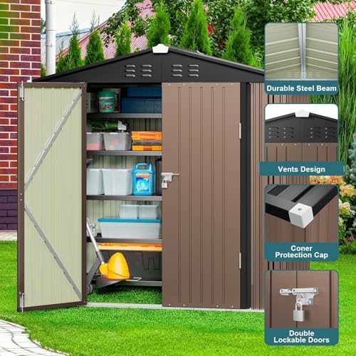 Gizoon 6 x 4 FT Outdoor Storage Shed, Metal Garden Shed, Light Brown - Image 6
