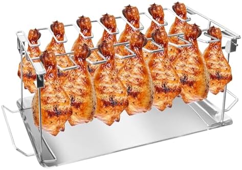 Drumstick Holder-Chicken Leg Rack for Grill with Drip Tray, 14 Slots Durable Stainless Steel Drumstick Rack, Drumstick Holder Roaster Stand for Smoker Grill, Oven, BBQ Accessories by BaokiTook
