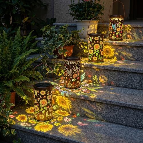 2 Pack Colorful Solar Lanterns Outdoor Waterproof, Garden Decor Gifts for Women Mom Grandma - LED Sunflower and Hummingbird Solar Powered Lights Metal Hanging Lantern for Outside Garden Patio Yard - Image 5