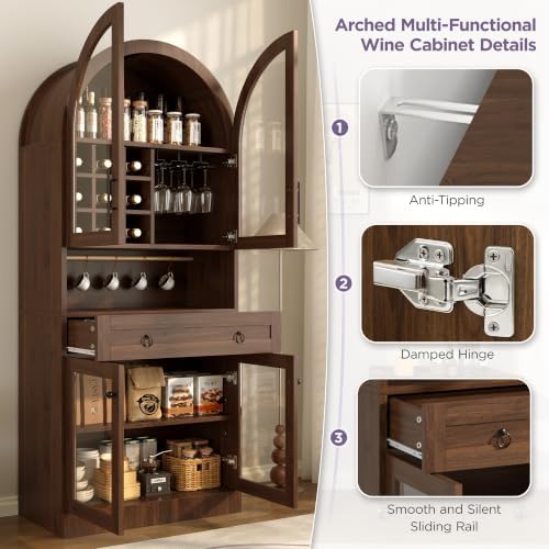 70"Tall Arched Glass Wine Cabinet with Adjustable Shelf & Wine Rack, Walnut - Image 3