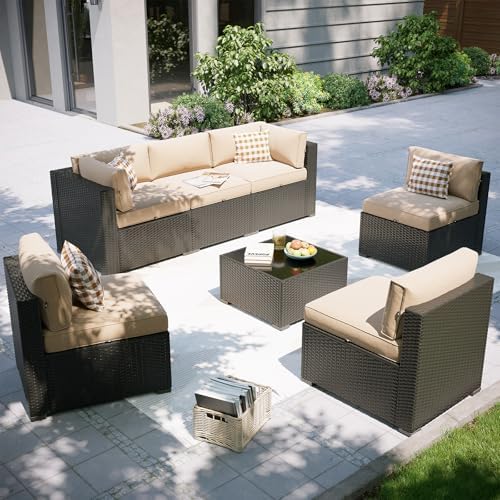 Aoxun Patio Furniture Set, 7 Piece Outdoor Sectional Sofas with Waterproof Cover, Wicker Rattan Outdoor Furniture Patio Conversation Set for Backyard, Garden Beige by Aoxun