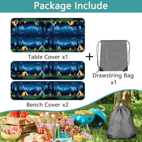 Camping Picnic Table Cover with Bench Covers, Camping Essentials, Forest Campfire Tent Flowers Outdoor Table Covers, Waterproof Windproof, Fitted Tablecloth Cover with Elastic Edge, 3 PCS, 30x72 Inch - Image 7