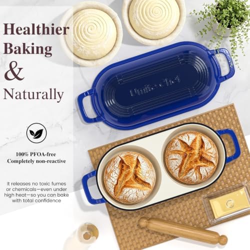 Umite Chef Mini Double Dutch Oven for Sourdough Bread Baking - Enameled Cast Iron Dutch Oven Pot with Lid and 5" Banneton Bread Proofing Basket Kit, Dual Round Bread Loaf Pan for Bread Baking (Blue) - Image 5