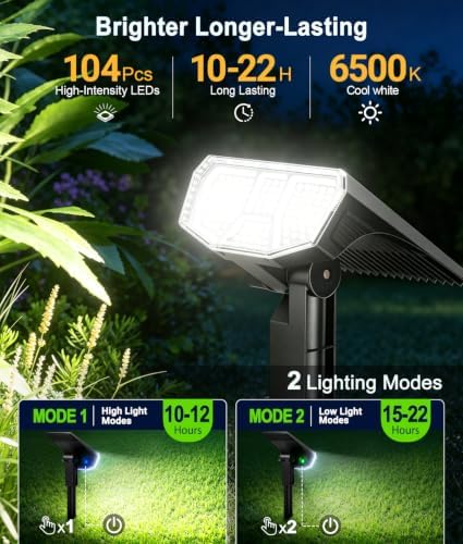 LETMY Solar Spot Lights Outdoor Waterproof IP65, 104 LEDs Outdoor Lights, 2-in-1 Auto On/Off Solar Powered Spotlights, Outdoor Solar Lights for Yard, Garden, Pathway & Wall, 4 Pack, Cool White - Image 2