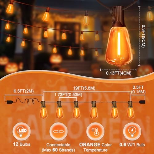 Orange Outdoor halloween String Lights ,26FT ST38 LED Patio Lights with 12+1 Shatterproof Edison Bulbs,UL Waterproof Connectable Outside Hanging Lights for Backyard Porch Bistro Christmas Party Decor - Image 3