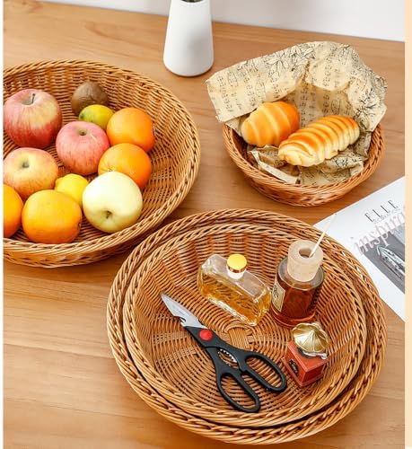 RT&BS Round Wicker Bread Basket, Round Wicker Fruit Basket, Woven Egg Baskets, Reusable Handwoven Storage Baskets for Living Room, Kitchen, Store, Restaurant, Outdoor, Party (Brown, S) - Image 6