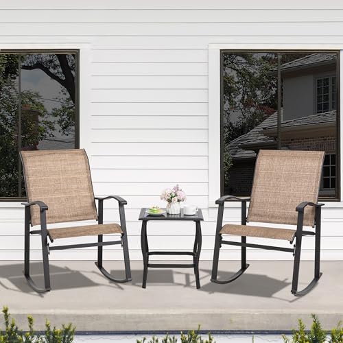 Shintenchi Rocking Chair Outdoor with Table, 3 Piece Rocking Patio Bistro Set, Outdoor Furniture Set with Metal Frame and Textilene Fabric for Small Space, Brown - Image 2